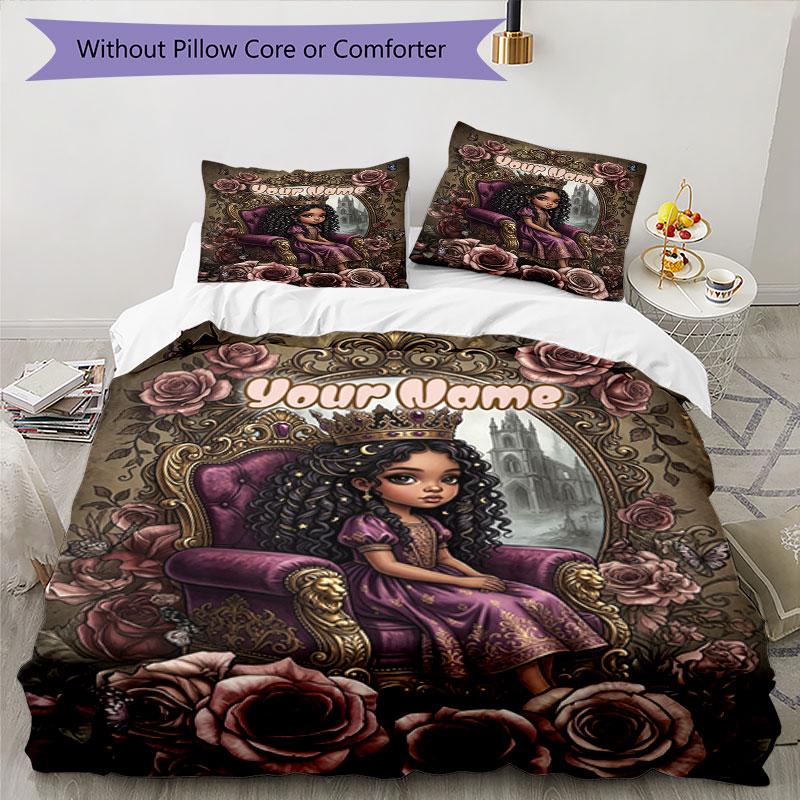 3PC Custom Name Royal Princess Portrait Bedding Set Duvet Cover Closure Includes 1 Duvet Cover & 2 Pillowcases for Bedroom