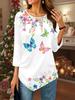 Женская свободная футболка с круглым вырезом и рукавом три четверти, 3D цветочный узор