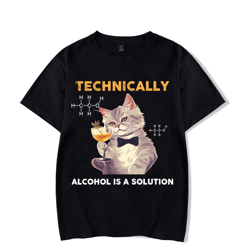 Technically Alcohol Is A Solution Graphic Tshirt Funny Cat Drinking Beer Tshirt Fashion Harajuku T-shirt Women Men Tops