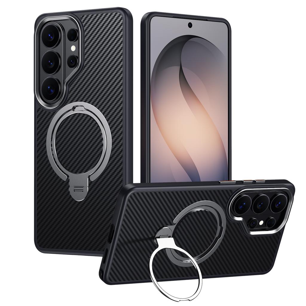 360° Вращающаяся подставка Магнитный чехол с узором под карбон для Samsung S26 Ultra S25 S24 Plus S23 S22 Ударопрочный Прочный чехол