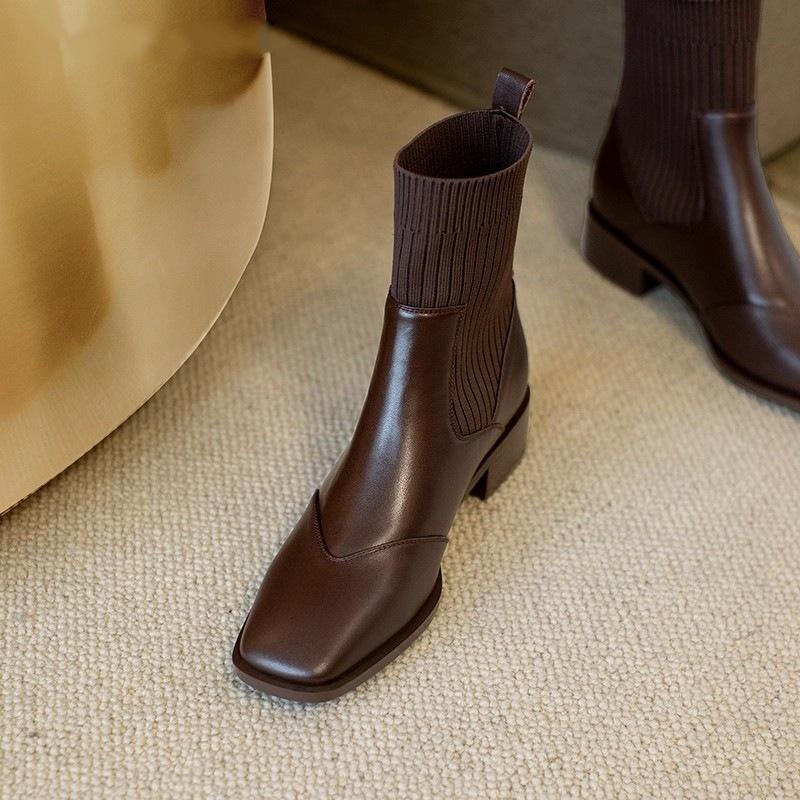 Челси женские короткие ботильоны на высоком каблуке весенне-осенние одинарные ботинки 2025 новые эластичные ботинки Мартина толстый каблук кожаные тонкие ботинки-носки