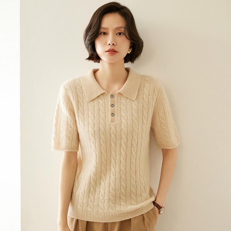 Women's Cable Knit Cashmere Short Sleeve Polo Sweater