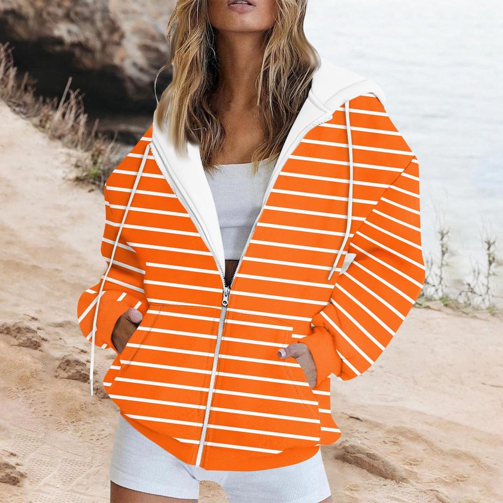 Женская толстовка с длинными рукавами и полосатым принтом, куртка с длинными рукавами и карманами, на молнии, пальто с капюшоном