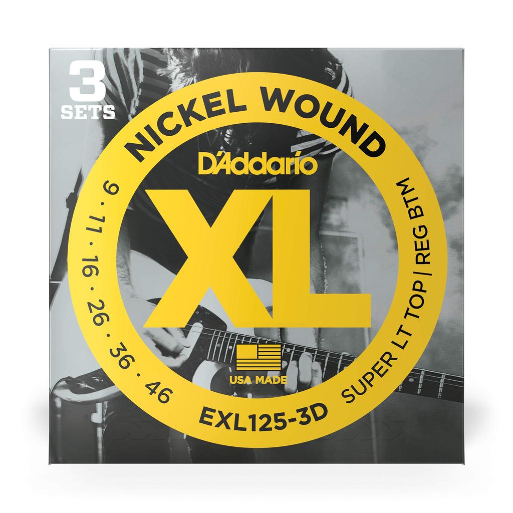 Electric Guitar XL Super Light D'Addario Strings, Nickel, .009-.046, Top/Regular Bottom, 3-Pack, EXL125-3D