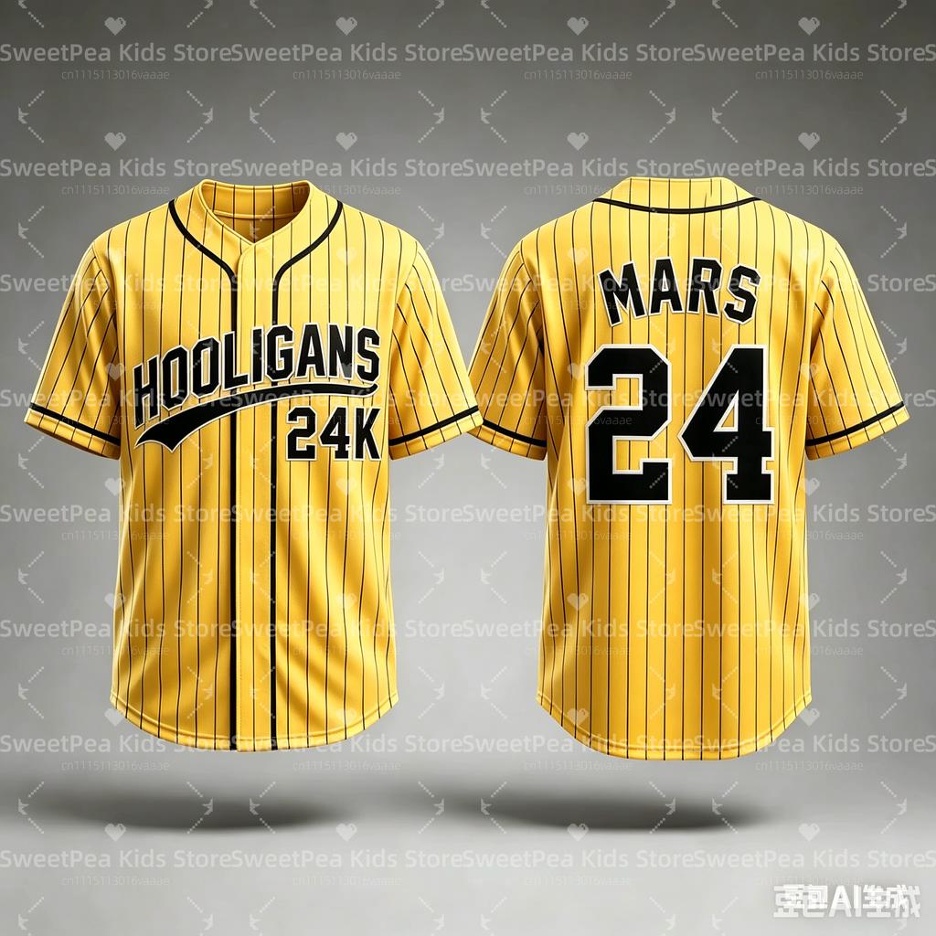 2026 Bruno Mars 24K Hooligans Baseball Jersey Men Women Unisex Short Sleeve Hip Hop Streetwear Tops for Fans Family Matching