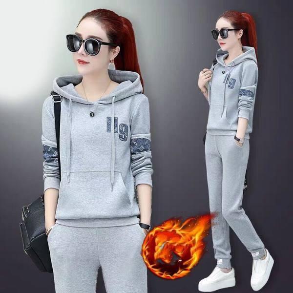 Повседневный спортивный костюм женский осенне-зимний корейский модный свободный плюшевый утолщенный топ с капюшоном комплект из двух частей