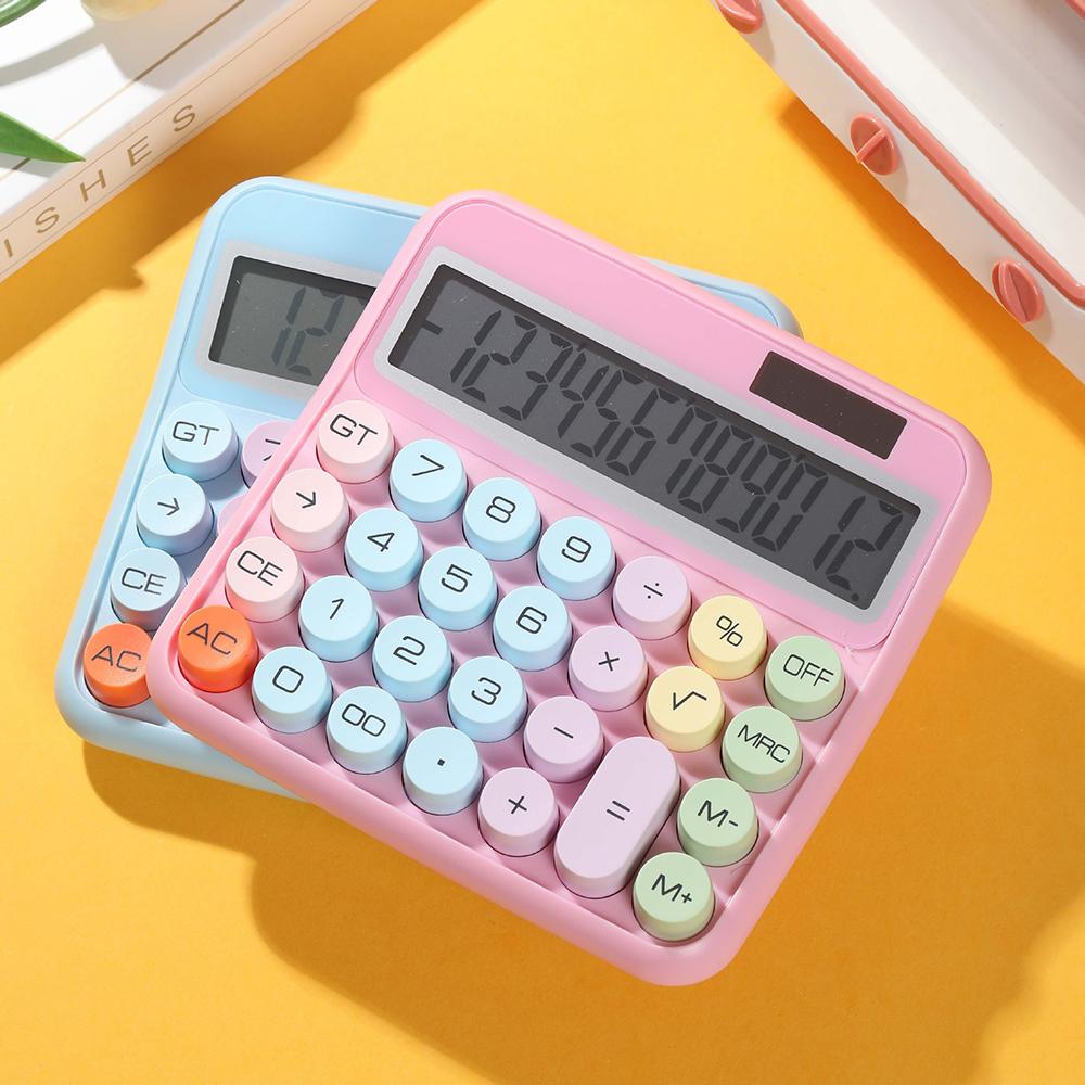 Mechanical Calculator 12 Digit Large LCD Display Big Round Button 15 Degrees Tilt Screen Cute Candy Colored