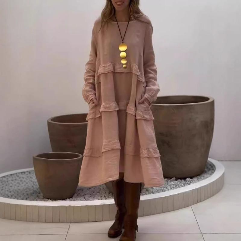 Женское весенне-летнее платье с длинными рукавами, круглым вырезом и оборками