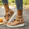 Plus-size Wedge Heel Womens Shoes with Open Toes Roman Sandals 2025 New Summer Bohemian Sandals with Rhinestones Thick Soles.