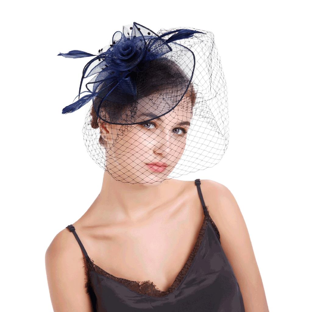 (Projector)Women Flower Mesh Ribbons Feathers Headband Cocktail Tea Party Hat Headwear