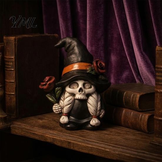 Spooky Shelf Decoration Halloween Skeleton Gnome Figurine, Gothic Witch Hat Dwarf Statue, Figurine Holding Rose Sculpture for Party Decor