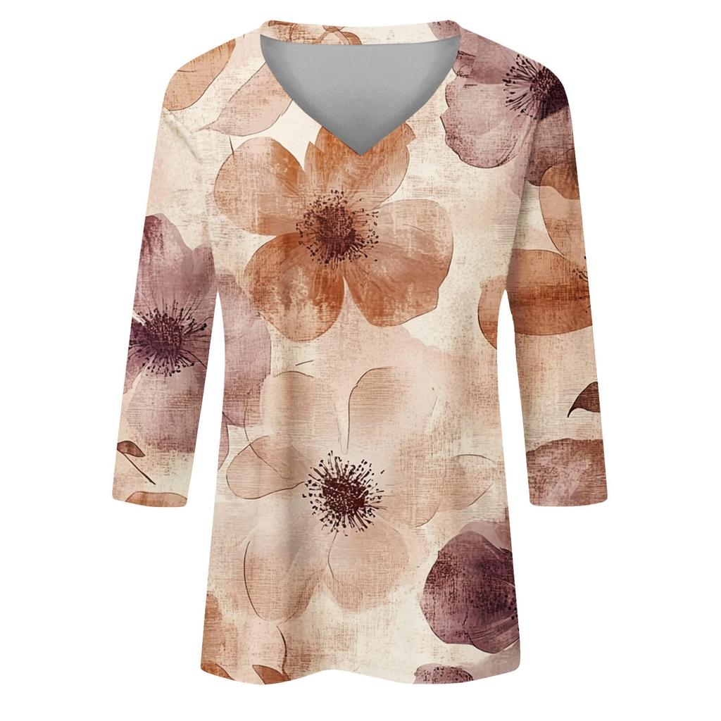 Женские топы, рубашка с рукавом три четверти, свободная повседневная рубашка с V-образным вырезом, футболка с цветочным принтом
