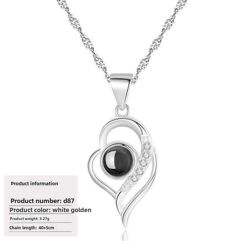 S925 Silver Peach Heart Projection Necklace 'I Love You' In 100 Languages