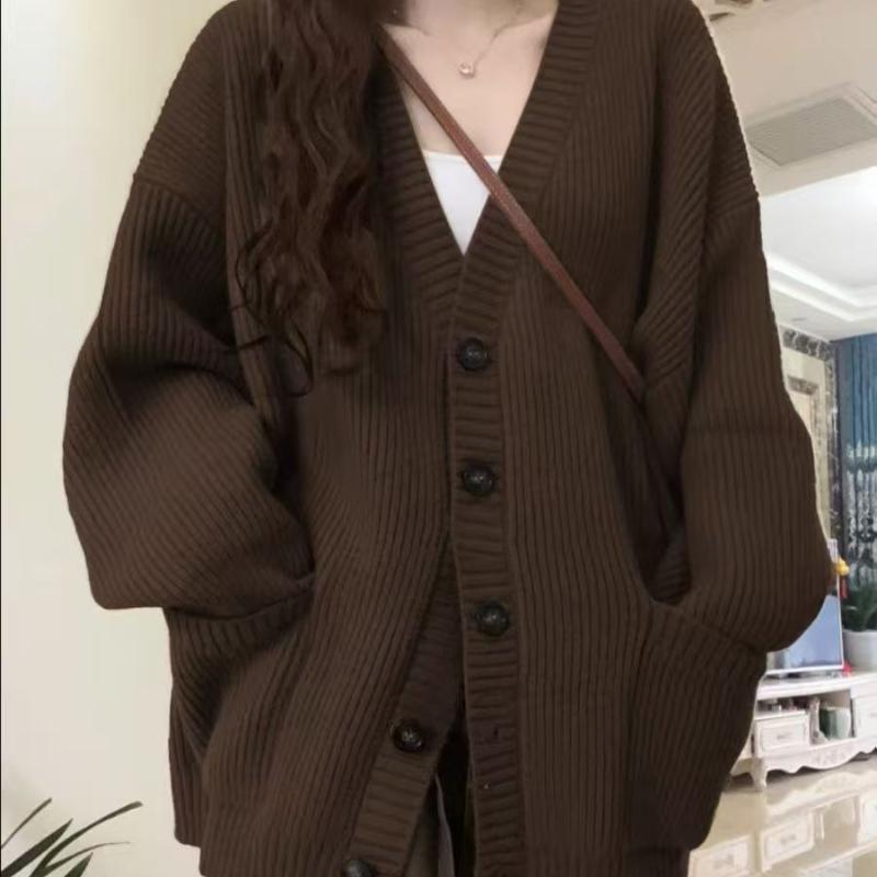 Женские свободные вязаные свитера осень-зима с V-образным вырезом, ленивый стиль, длинный рукав, карман, свитер, пальто, однотонный, повседневный, модный, новый кардиган на пуговицах