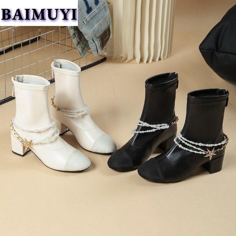 Элегантные женские ботильоны на высоком каблуке с бусинами, массивные туфли для вечеринок, 2025, трендовые зимние короткие плюшевые зимние туфли-лодочки Botas Mujer