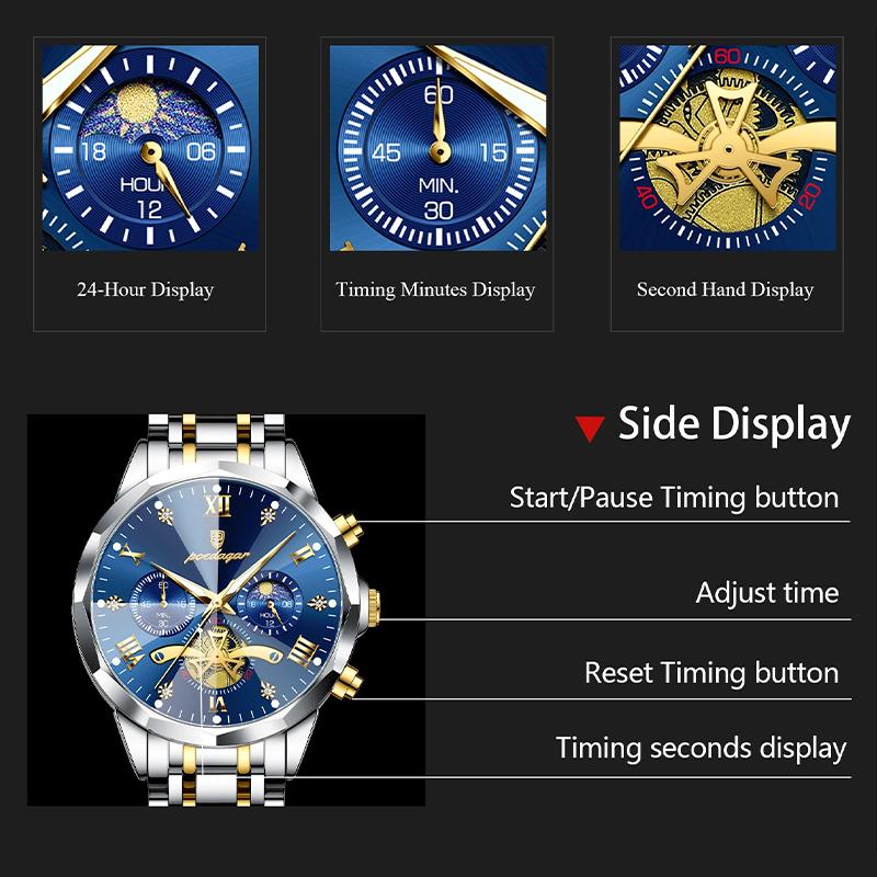 Мужские часы Многофункциональный хронограф Кварцевые часы Часы с фазой Луны для мужчин Водонепроницаемые Мужские подарки Reloj