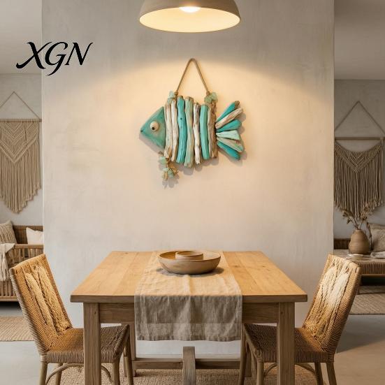 Housewarming Coastal Gifts Fish Handmade Wall Decor, Rustic Hanging Ornament with Sea Glass Nautical Ornaments Jute Rope, Bohemian Beach Style Art for