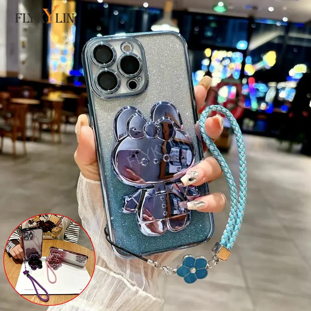 Роскошный блестящий чехол для телефона-зеркала с кроликом для Honor X6 X6S X7 X7A X8 X8A X8C 4G X8B X9 X9A, веревка для руки с четырехлистным клевером