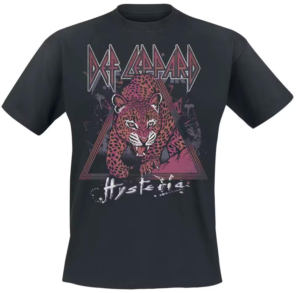 Unisex Black Cotton T-shirt Def Leppard Hysteria Leopard Print 80s Glam Metal Style Tee