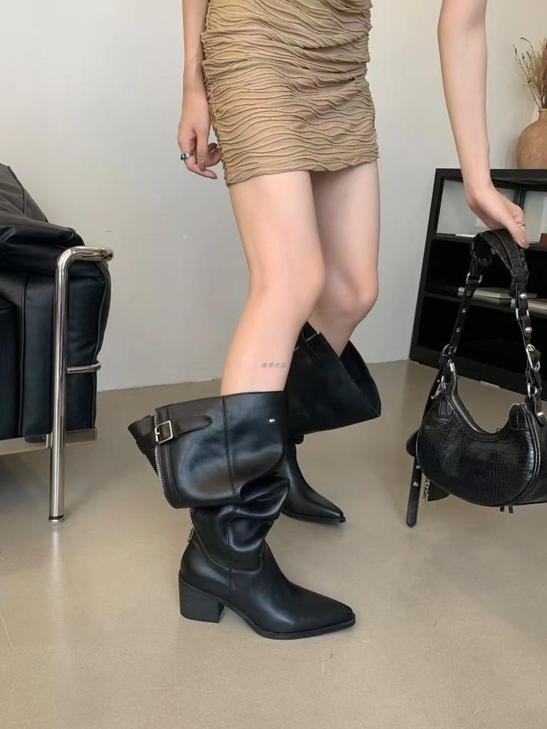 Pointed Big Tube Circumference High Heel Stacking Boots Niche Design Rear Zipper Retro Western Cowboy Boots Thick Heel Boots Women