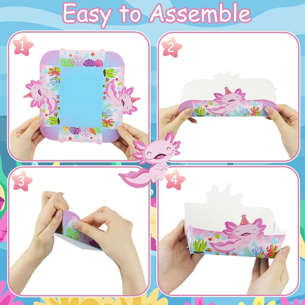 GLURUITE 24 Pcs Axolotl Party Paper Food Trays Disposable Axolotl Shaped Serving Boat Snack Bowls for Baby Shower Birthday Party Supplies Favors