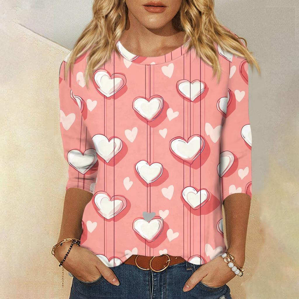Женская мода, повседневная свободная футболка с принтом на День святого Валентина и круглым вырезом, рукав 3/4, женский топ