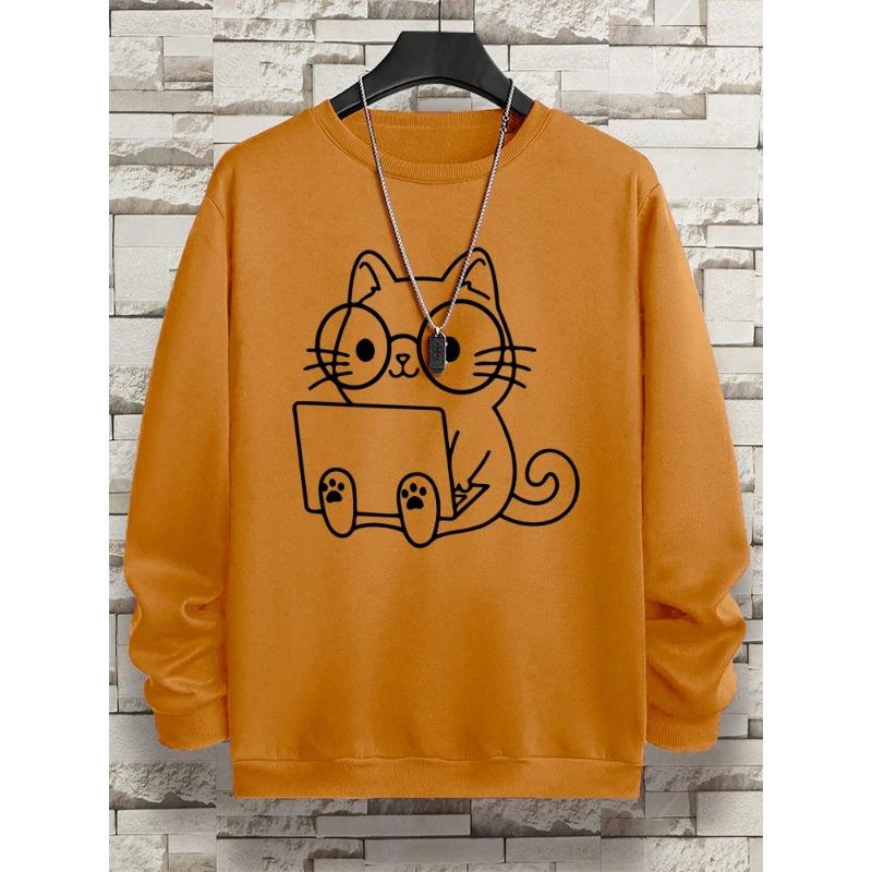 Мужская толстовка с принтом «Джентльмен Кот на работе» в стиле хип-хоп, свободная толстовка с капюшоном, осенняя толстовка с капюшоном, модный уличный свитер с круглым вырезом и длинными рукавами для мужчин
