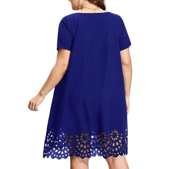 Женское летнее платье миди с вырезом по краю, большие размеры, с короткими рукавами и круглым вырезом, свободный подол, однотонное женское повседневное платье