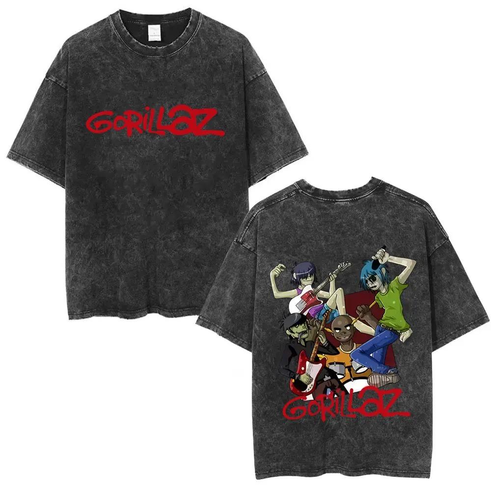 British Classic Virtual Band Gorillaz Poster Tshirt Men Women Streetwear Hip Hop Vintage Washed Cotton Top Oversized Summer Tee