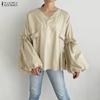 Women Casual V-Neck Puff Long Sleeve Loose Blouse
