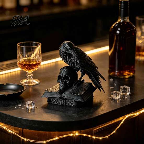 Dark Academia Style Decoration Black Raven Skull Statue, 3D Printed Gothic Crow Figurine for Desk Mystery Theme Party Supplies Shelf, Spooky Halloween