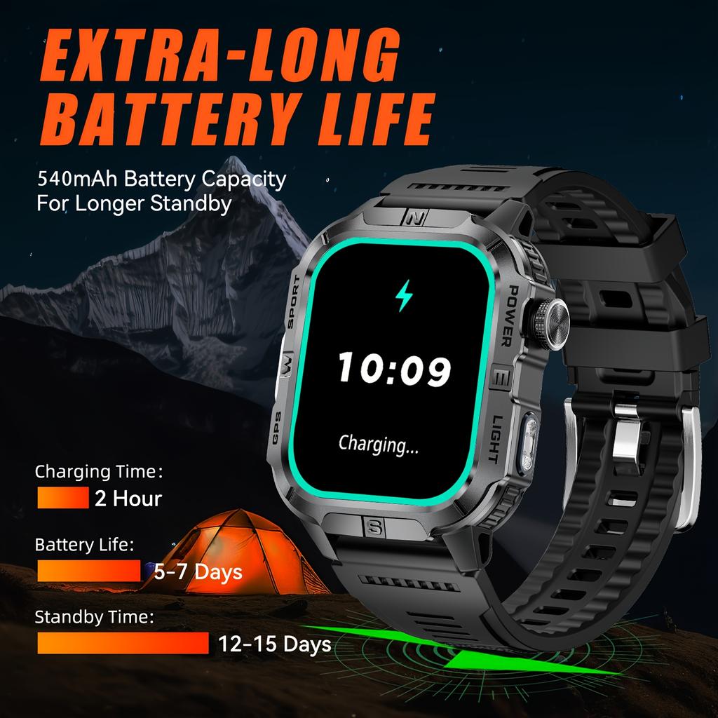 2026 New Outdoor Military Men's Smart Watch Is Equipped with GPS LED Lighting Compass Wireless Communication IP68 Waterproof Smartwatch Music 540mah