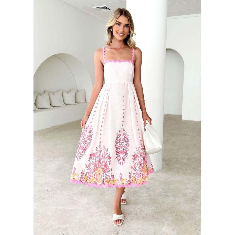 Strap Dress European and American 2025 Women Summer Fashion Print Wave Sleeveless Backless Lace-up Sling Dress
