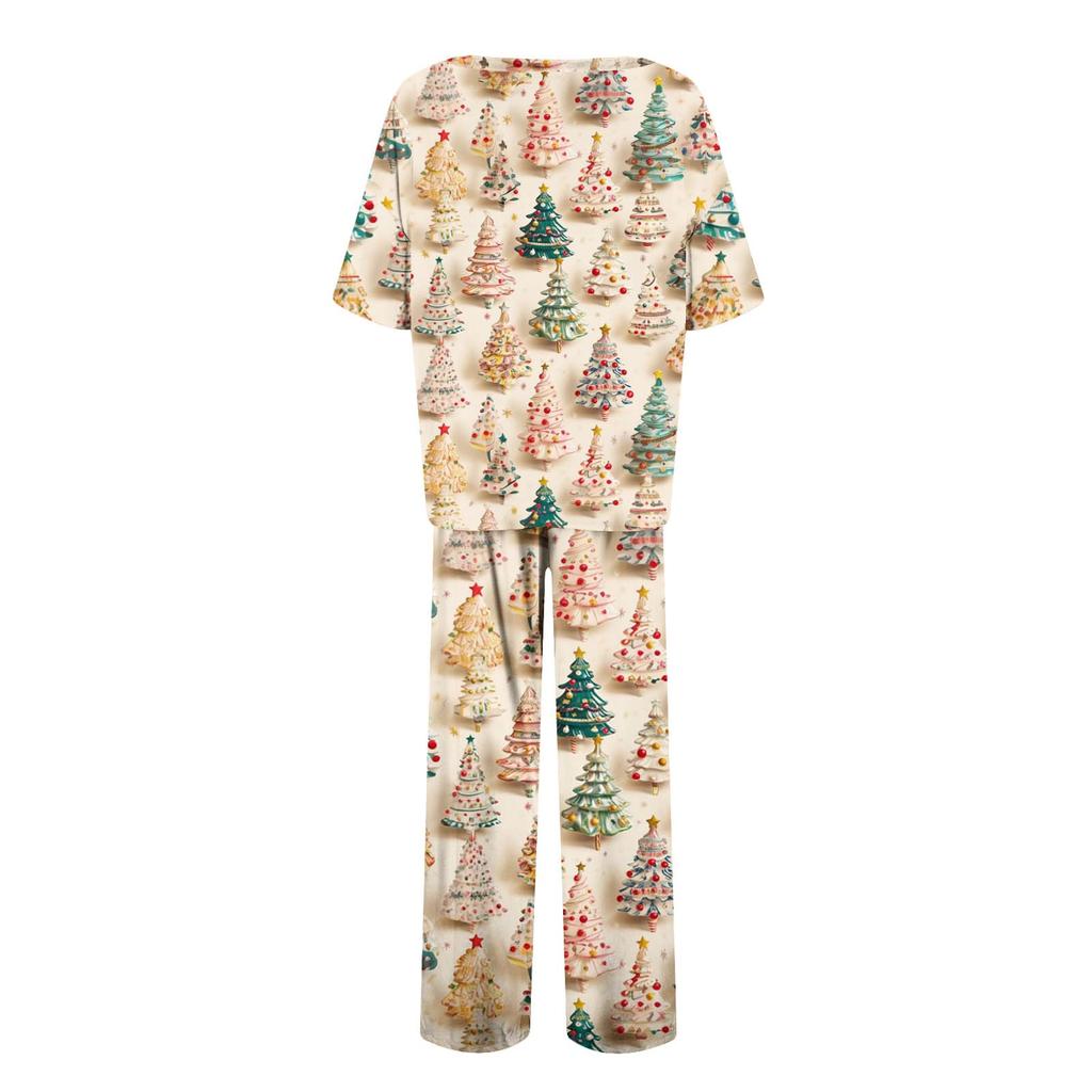 Женский шелковый атласный пижамный комплект с рождественским принтом, рубашка с коротким рукавом и длинные пижамные штаны, мягкая домашняя одежда
