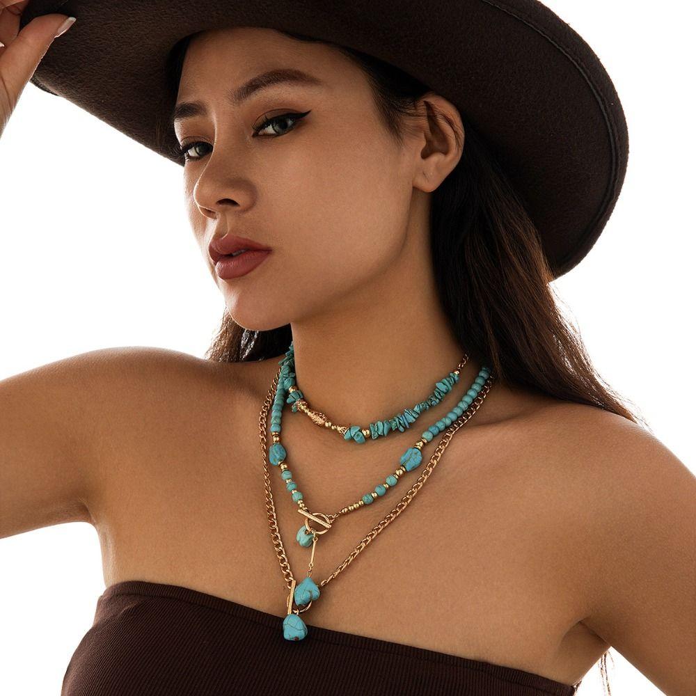 1 SET Ethnic Style Multilayer Turquoise Necklace Stacked Bohemian Style Clavicle Chain Girls