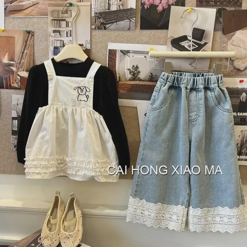 «Корейские кружевные джинсы для девочек на весну и осень — повседневные, универсальные, прямые брюки для маленьких девочек»