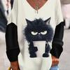 Plus Size Whimsical Cat Print T-Shirt - Relaxed Fit Flattering V Neck Long Sleeves Designed for Curvy Women Casual  Clothing Everyday Wear