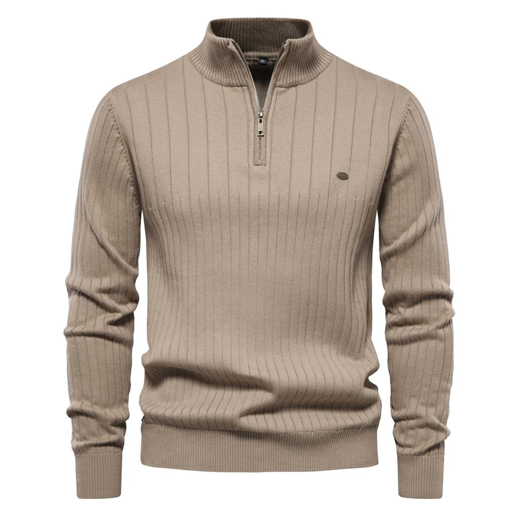 Men's Winter Solid Color Stand Collar Half Zipper Slim Fit Knit Long Sleeve Top