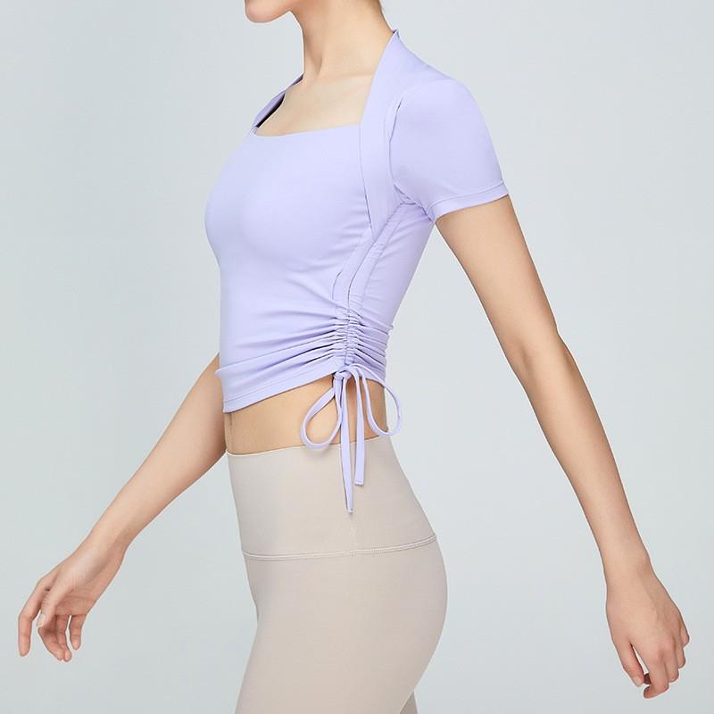Womens Seamless Yoga Top With Detachable Shawl Wrap Side Drawstring Slim Fit Short Sleeve Activewear