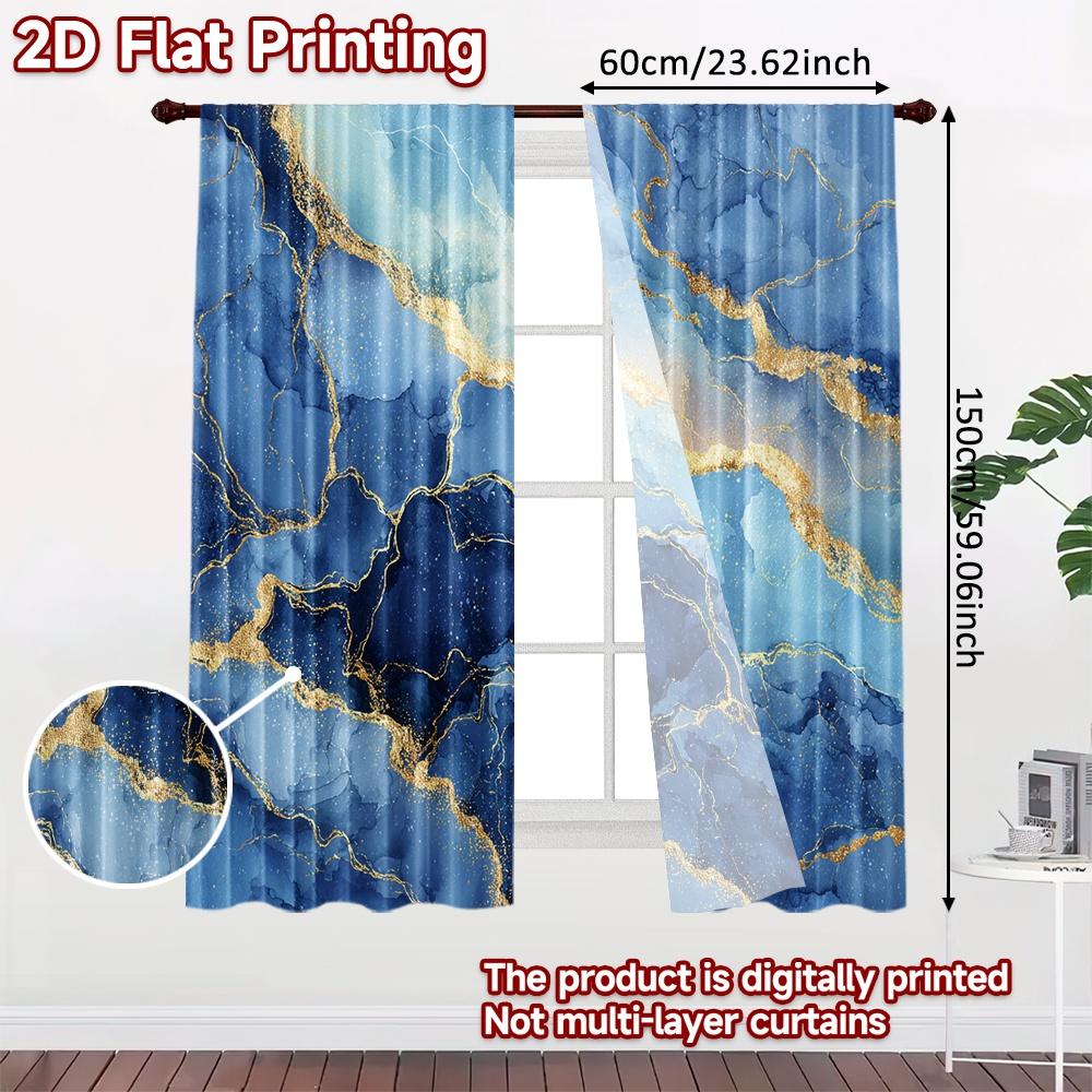 2 шт., Шторы с плоской 2D-печатью (Без Рода) Синие Мраморные Прожилки Праздничные Хэллоуин Рождественские Принтованные Шторы Универсальные Прочные
