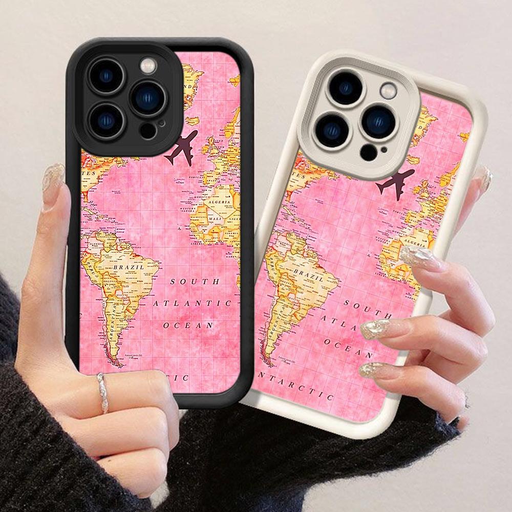 JT425 Розовая карта мира для путешествий для iPhone 17 16 15 14 13 Pro Max Samsung S26 S25 Ultra A17 A07 A56 A16 A14 Xiaomi 15T Redmi 15c Note 14 13 Мягкий чехол