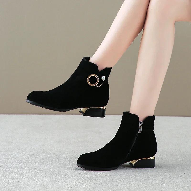 Autumn and Winter Thick Heeled Short Boots Women's Shoes Ankle Boots Low Heels Short Cow Suede Shoes Women's Boots