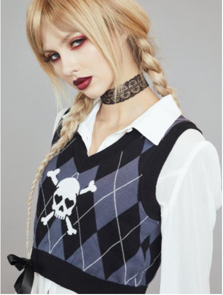 Gothic Skull Print Trui Vest Harajuku Punk Sexy V-hals Mouwloze Copped Tops Grunge Autume Winter Vrouwen Gebreide Tops