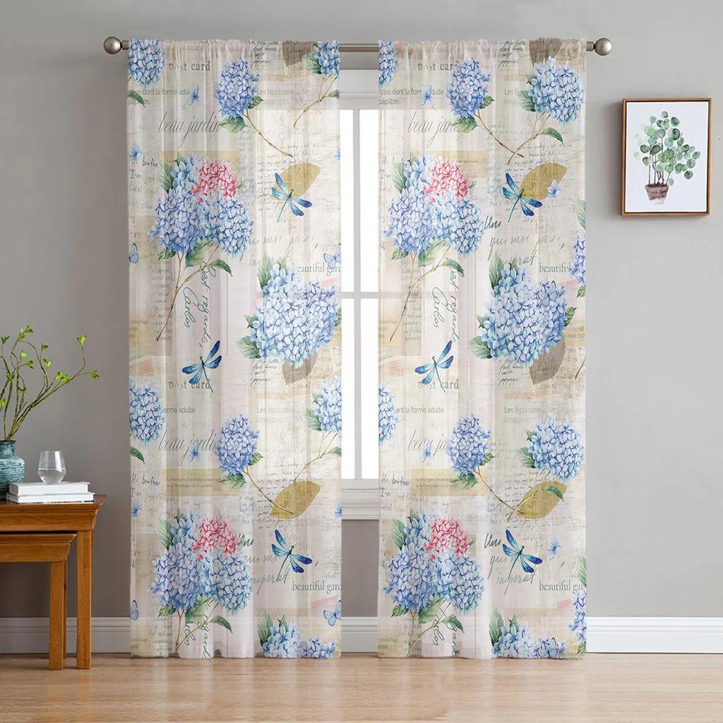 Flower Hydrangea Watercolor Sheer Curtains Transparent Voile Tulle for Bedroom Window Holiday Decoration