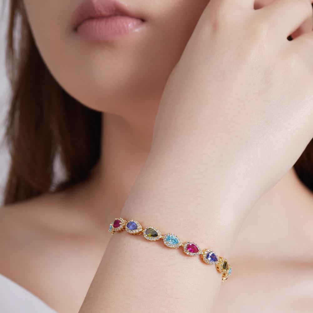 Rainbow Pear Tennis Bracelet 14K Gold Plated Copper Colorful Cubic Zirconia Bracelets