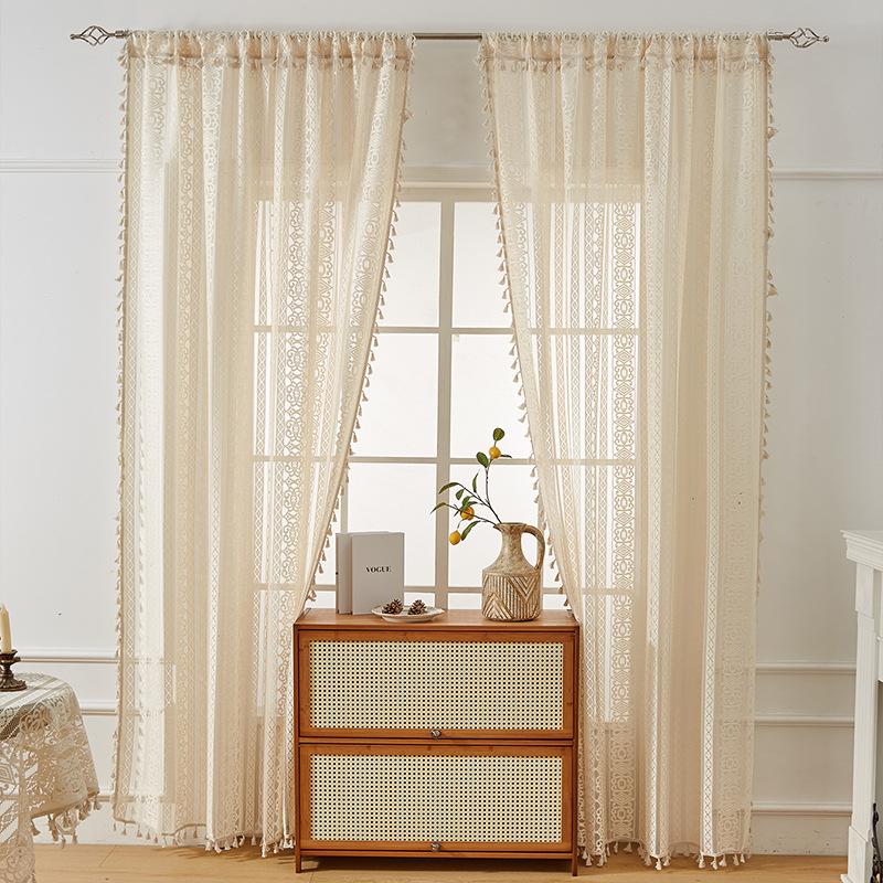 Vintage Curtain Rod Cotton Linen Curtain Tassel Beige Living Room Balcony Sheer Curtain
