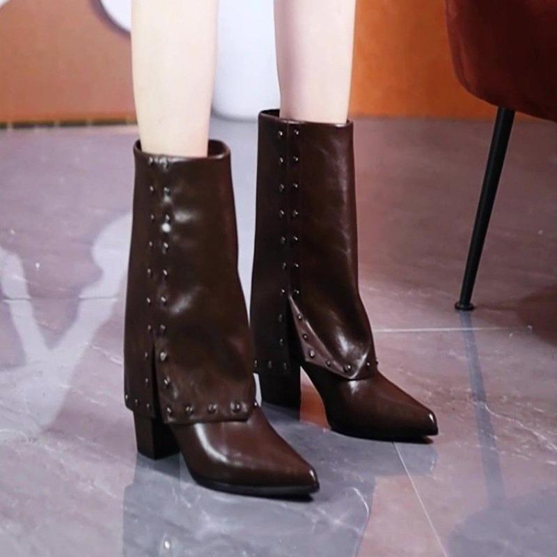 Fashion Studded Mid-leg Boots Autumn New Pointed Toe Sleeve Non-slip Wear-resistant Block Heel Single Shoes