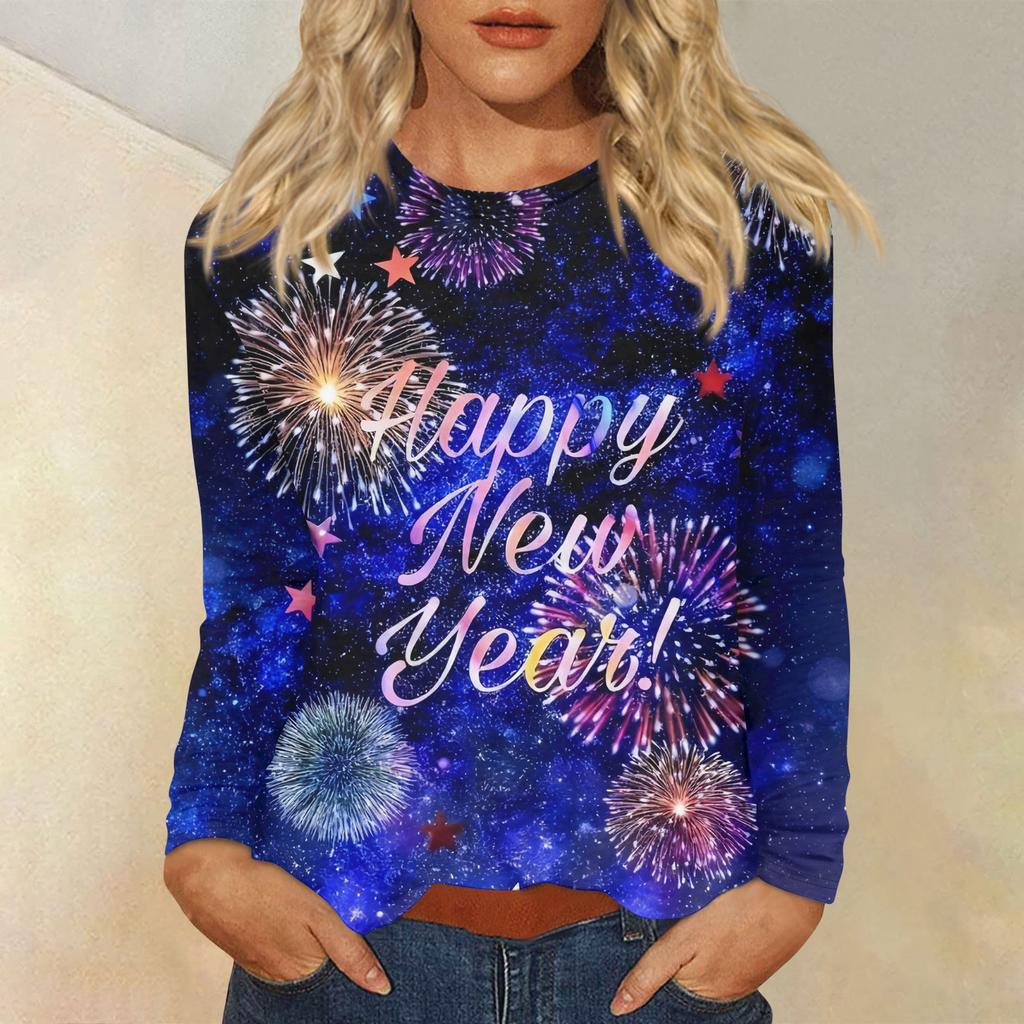 Women's Loose Comfortable Casual Fashion Round Neck New Year Printed Long Sleeve Top