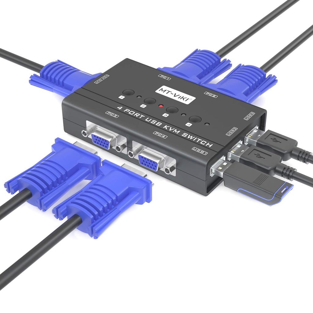 KVM VGA Switch 4 Ports KVM VGA Switch 4 Input PC Switch PC Switch for Keyboard and Mouse USB2.0 MT-VIKI