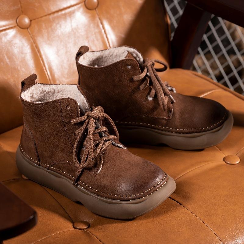 Ретро Кожаные Бархатные Короткие Ботинки для Женской Осени и Зимы Новые Ручной Работы Хлопок и Лен Ветрозащитные Широкая Голова На Шнуровке Первый Слой Коровьей Кожи Женские Ботинки